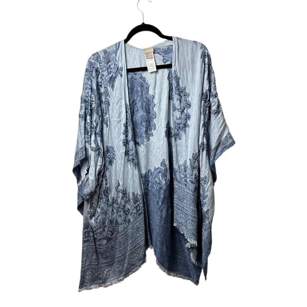 Chico's One Size Kimono Blue Open Cardigan 3/4 Sleeves Embroidered Beaded Sequin - Picture 9 of 10